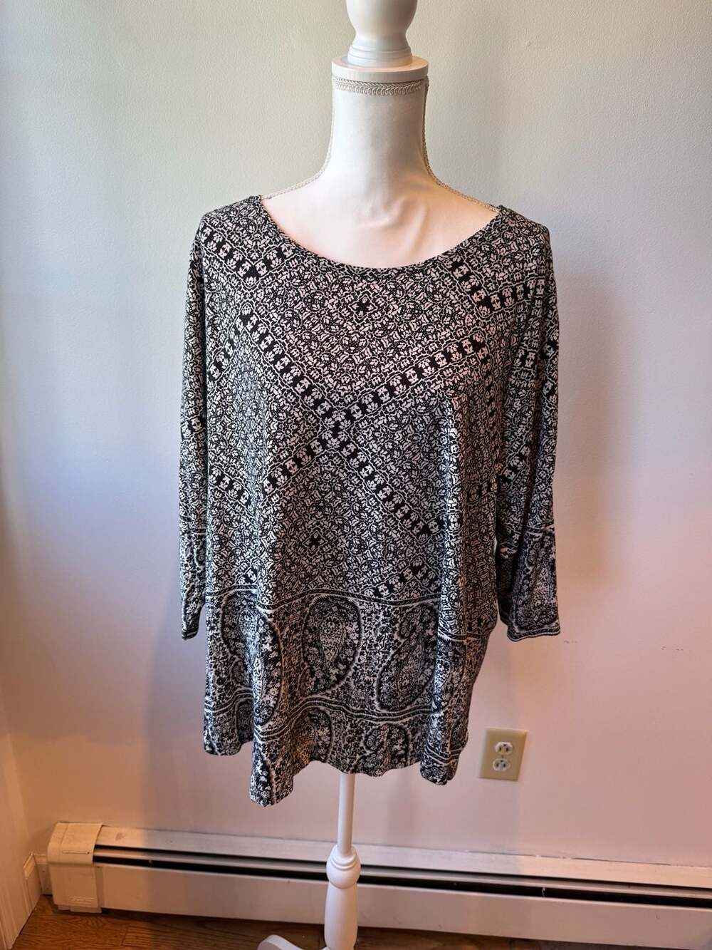 Lucky Brand Black White Paisley 3/4 Sleeve Tunic Top Size 2X